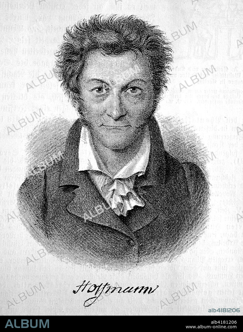 Ernst Theodor Amadeus Hoffmann,  E. T. A. Hoffmann, born Ernst Theodor Wilhelm Hoffmann, 1776-1822, Prussian Romantic author of fantasy and horror, a jurist, composer, music critic, draftsman and caricaturist, woodcut from the year 1880.