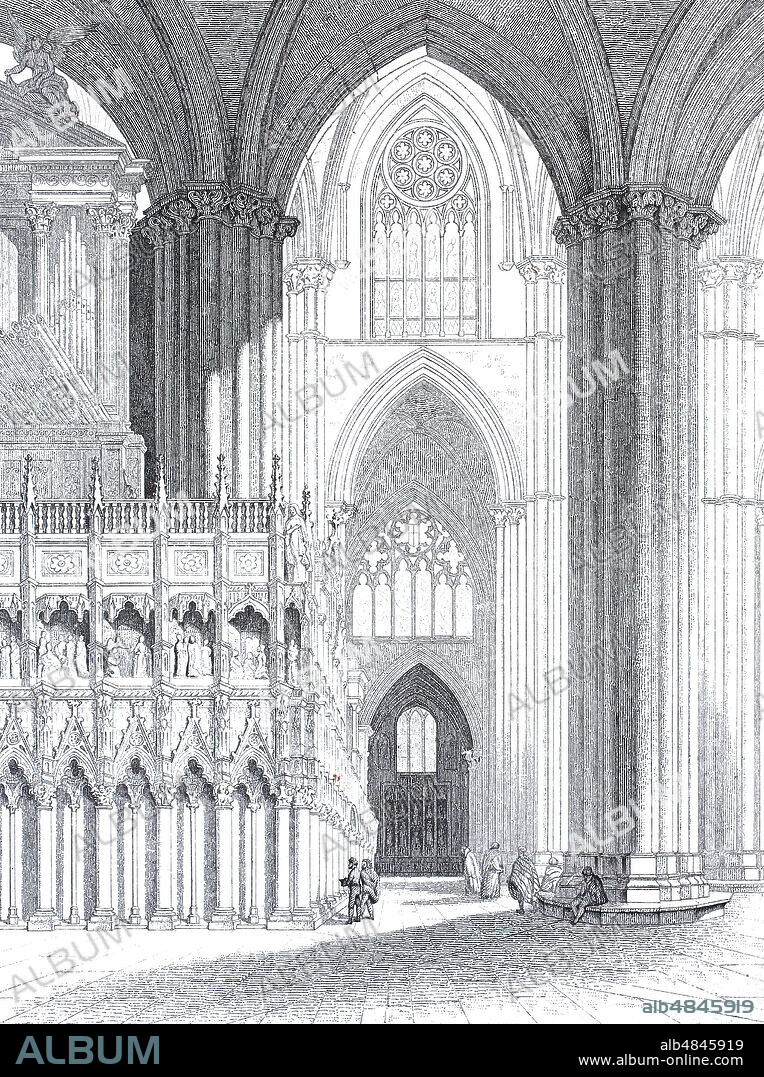 Primate Cathedral of Saint Mary of Toledo, Catedral Primada Santa María de Toledo, is a Roman Catholic church in Toledo, Spain, digital improved reproduction of an original print from the year 1881.