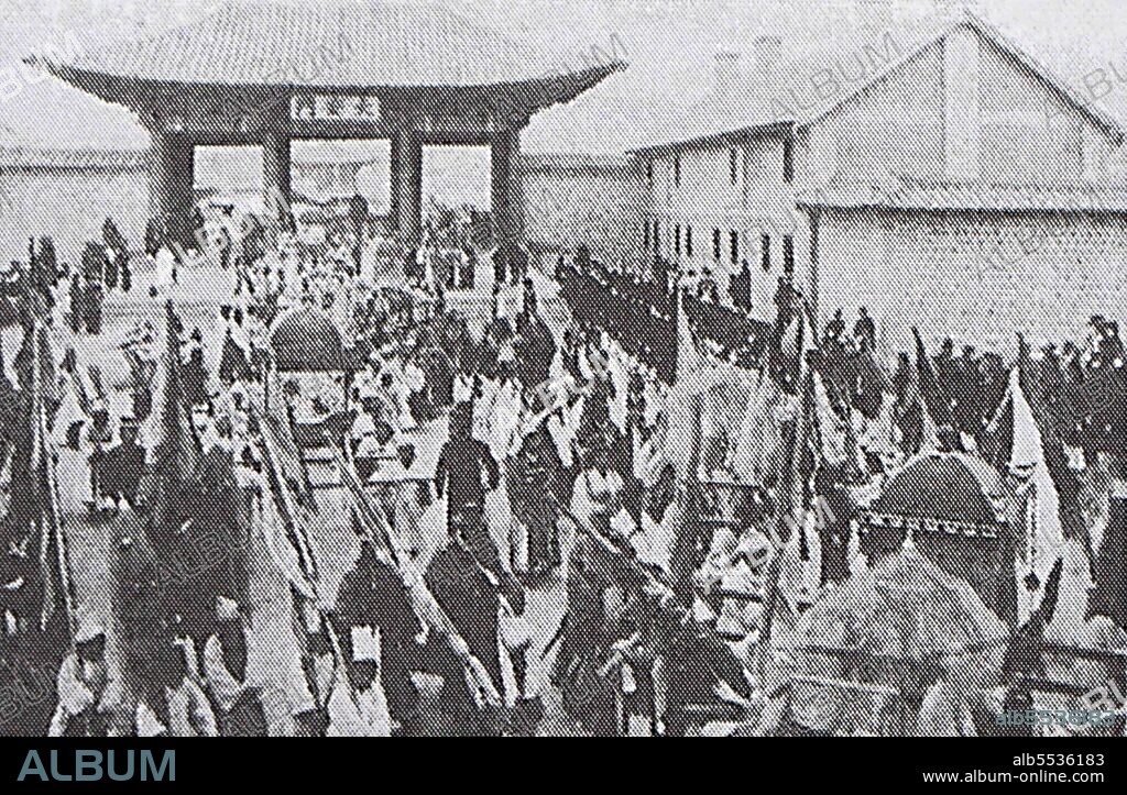 The national funeral march for Empress Myeongseong two years after her assassination in 1895. Empress Myeongseong or Empress Myung-Sung (1851 – 1895), known informally as Queen Min, was the first official wife of Gojong, the 26th king of Joseon and the first emperor of the Korean Empire.