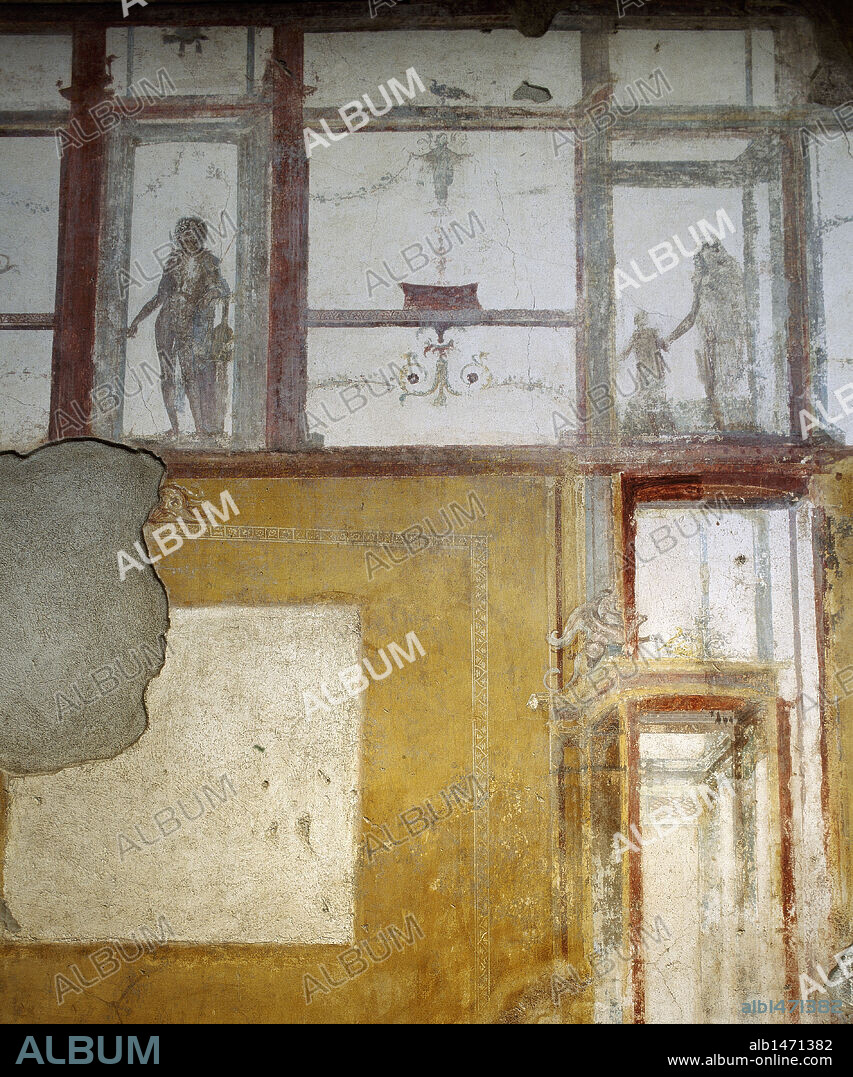 ARTE ROMANO. ITALIA. Casa del Larario de Aquiles. Habitación número 4. Detalle de las pinturas mural que decoraban esta habitación. Pompeya. Campania.