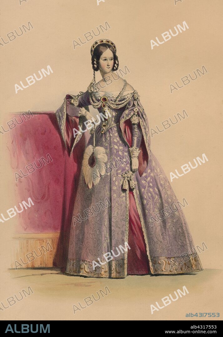 JOHN RICHARD COKE SMYTH. Guest in costume for Queen Victoria's Bal Costumé, May 12 1842, (1843). Woman in a dress with slit sleeves, a jewelled bodice and headdress, holding an ostrich-feather fan. Members of the Royal Household were expected to wear dress of the Plantagenet period (c1154-1485), although other guests could wear costumes of their own choosing. The costumes were designed under the supervision of James Robinson Planché and were specifically intended to give work to the declining Spitalfields silk industry. The ball of 1842, held at Buckingham Palace in London, was the first of three costume balls held by Queen Victoria and Albert, Prince Consort. The second, on 6 June 1845, was in early Georgian dress, while the third, on 13 June 1851, was in the style of the Restoration. From "Souvenir of the Bal Costumé, given by H.M. Queen Victoria at Buckingham Palace, May 12, 1842 / drawings from the original dresses by Coke Smyth; letterpress by J.R. Planche", 1843. [Paul & Dominic Colnaghi & Co, London, 1843].