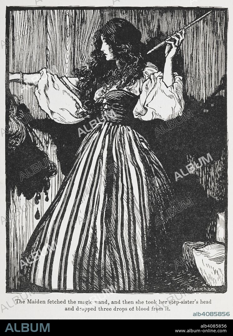 ARTHUR RACKHAM and GEBRUEDER GRIMM. Illustration of a girl in a stripey dress from Sweetheart Roland. Grimm's Fairy Tales. Illustrated by Arthur Rackham. London : William Heinemann, [1925]. 'The Maiden fetched the magic wand, and then she took her step-sister's head and dropped three drops of blood from it.'. Source: 12410.r.7. page 158.