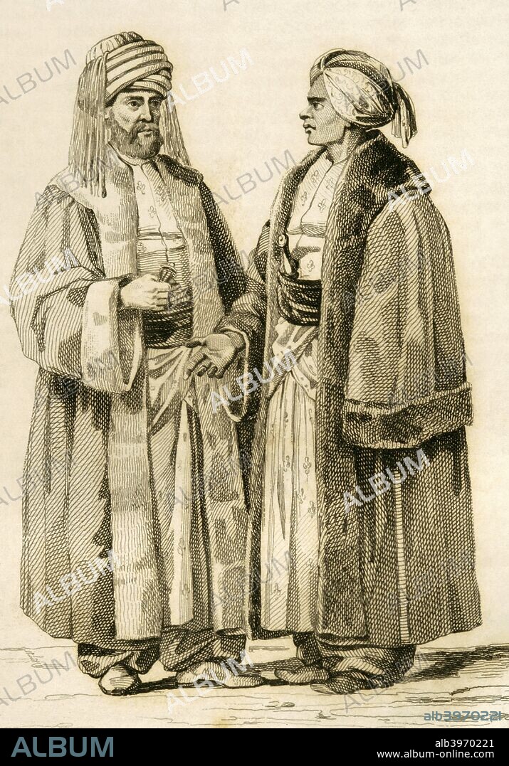 Historia de Arabia. Terife de La Meca (izquierda) y Jeque al Haren, Gobernador de Medina (derecha). Grabado. Lemaitre Direxit. Panorama Universal. Historia de la Arabia, 1851. Biblioteca Histórico Militar de Barcelona. Cataluña. España.