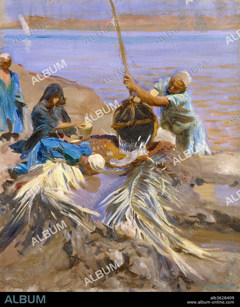 Egyptians Raising Water from the Nile. Artist: John Singer Sargent (American, Florence 1856-1925 London). Dimensions: 25 x 21 in. (63.5 x 53.3 cm). Date: 1890-91.
Sargent visited the Middle East several times in connection with a series of murals on the theme of the history of religion, for which he had received a commission from the Boston Public Library in 1890. Traveling in Egypt in 1890-91, he painted this canvas, which shows a man using a simple irrigation device called a shaduf to fill a ditch, from which others are drinking and waiting to fill containers. Like many of his contemporaries, the artist may have believed that life in the region was essentially unchanged since biblical times.