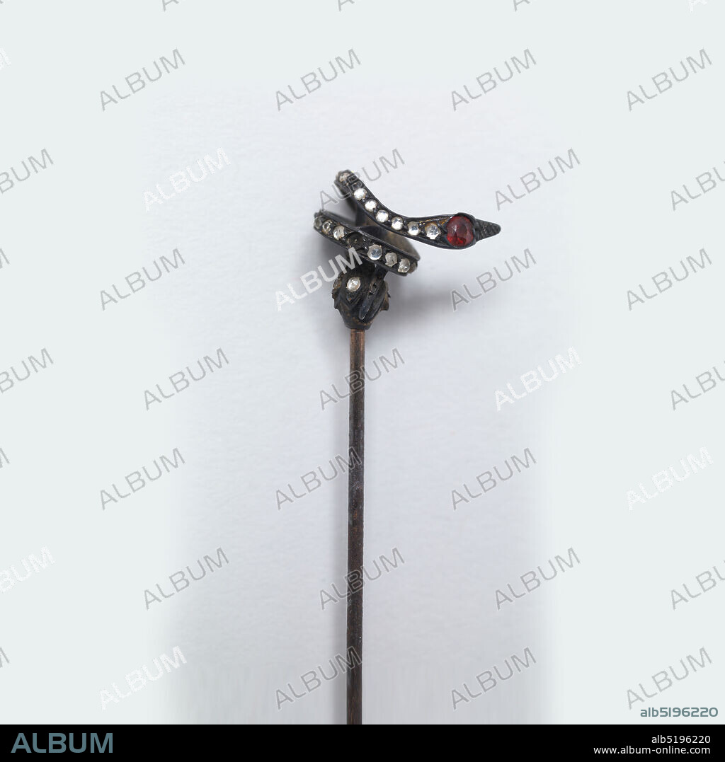 Hat pin, Silver, imitation stone, The head of pin represents a coiled snake with red eyes and body set with brilliants., USA, late 19th century, jewelry, Decorative Arts, Hat pin.