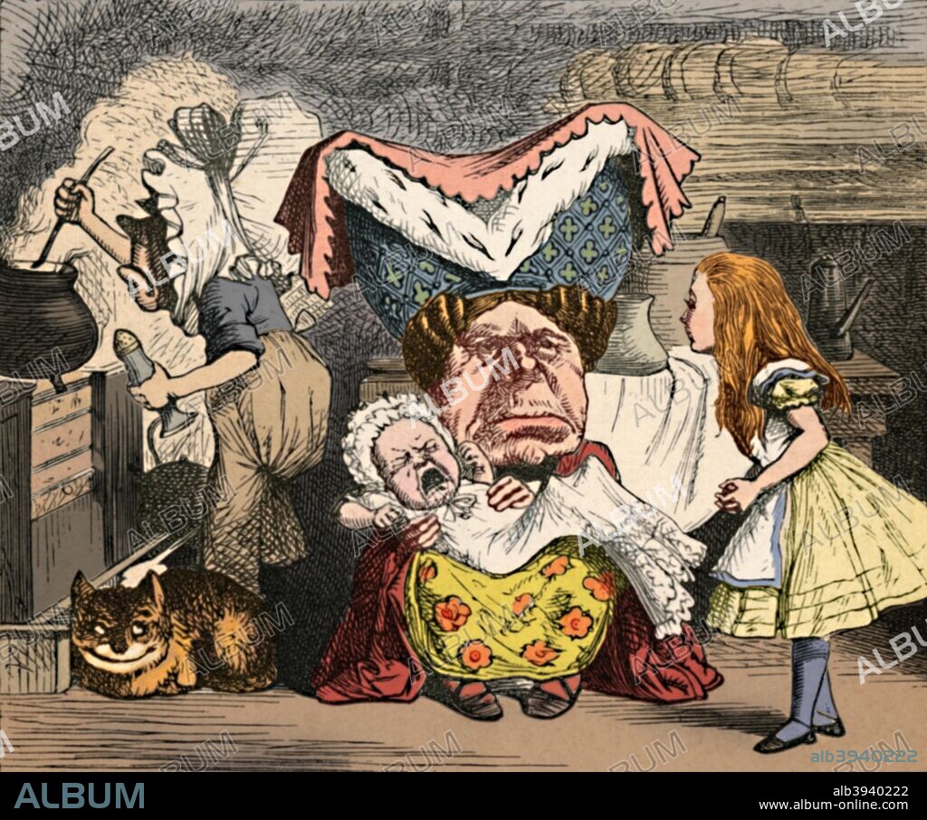 'Alice, the Duchess, and the Baby', 1889. Lewis Carroll's (1832-1898) 'Alice in Wonderland' as illustrated by John Tenniel (1820-1914). From Alice's Adventures in Wonderland by Lewis Carroll. [Macmillan & Co., New York, 1889].  (Colorised black and white print).