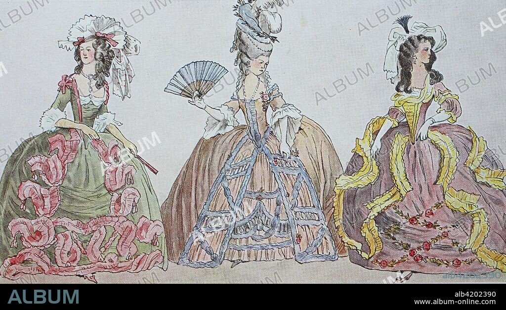 Fashion, clothing, folk costumes in France at the time of Louis XVI. from 1775 - 1785, two ladies in the dresses of the late Rococo around 1777-1778 and a lady in the Grande robe around 1780, digital improved reproduction from an original from the year 1900.