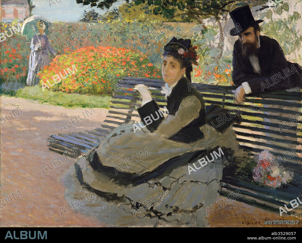 Camille Monet (1847–1879) on a Garden Bench, 1873, Oil on canvas, 23 7/8 x 31 5/8 in. (60.6 x 80.3 cm), Paintings, Claude Monet (French, Paris 1840–1926 Giverny), Monet’s wife, Camille Doncieux, is as easily identifiable here as the mounds of geraniums in the garden of the couple’s house at Argenteuil. The same is true of her smart ensemble: the velvet and damask outfit closely resembles the look for spring 1873, as advertised in the March issue of the fashion periodical La Mode Illustré.