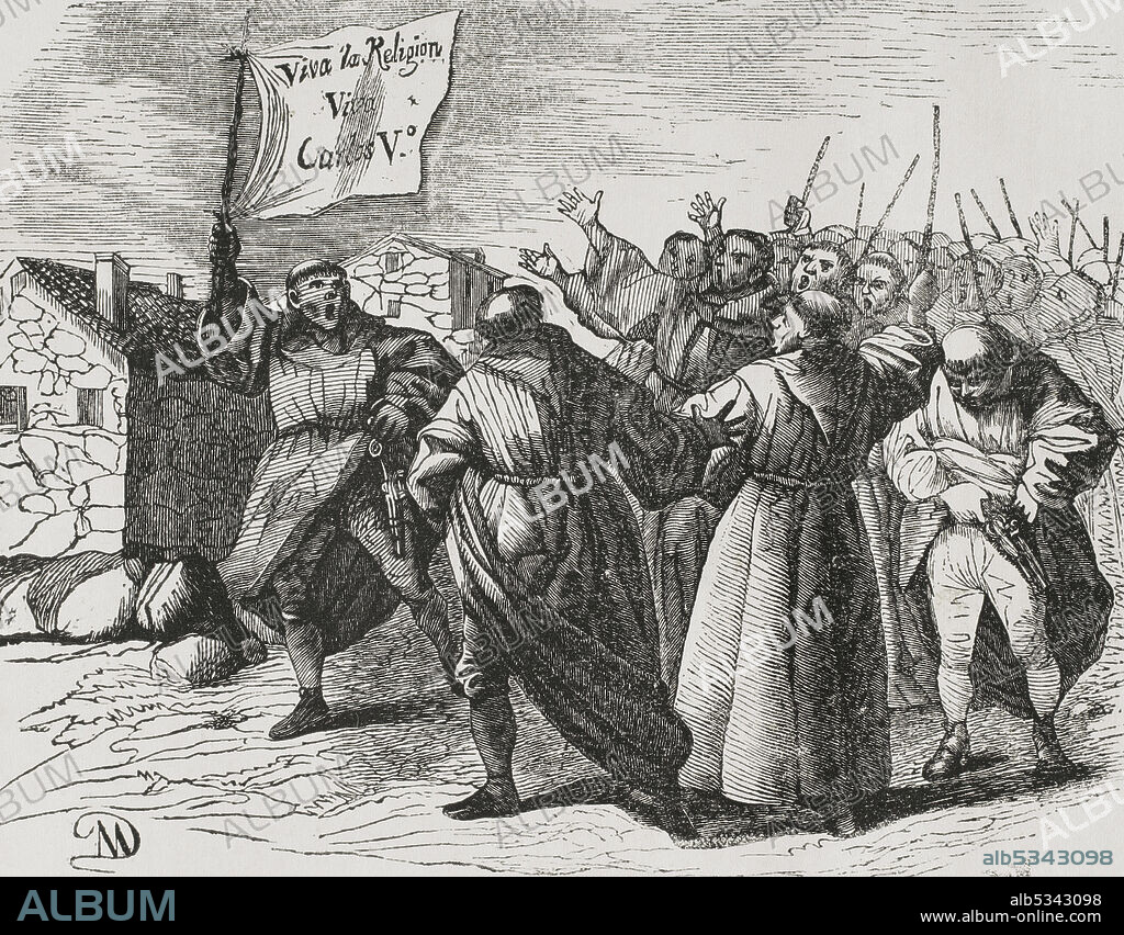 Spain. First Carlist War (1833-1840). Monastic uprising. Franciscan friars storm the streets of Salamanca, shouting in support of King Charles V (Don Carlos María Isidro de Borbón, the Carlist pretender to the Spanish throne), to provocate the supporters of Isabella II. Engraving. Panorama Español, Crónica Contemporánea. Madrid, 1842.
