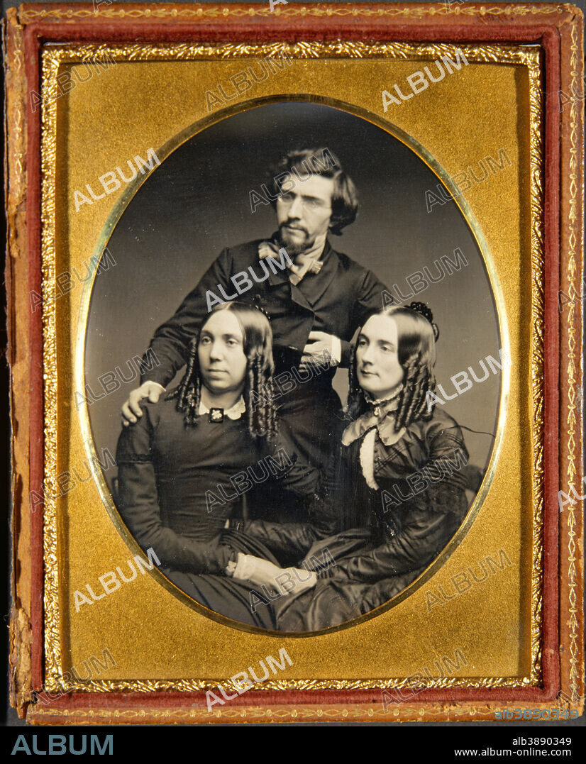 UNIDENTIFIED ARTIST. Mathew Brady, Juliet Brady and Mrs. Haggerty. Date/Period: Ca. 1851. Quarter-plate daguerreotype. Photograph. Height: 107 mm (4.21 in); Width: 83 mm (3.26 in).