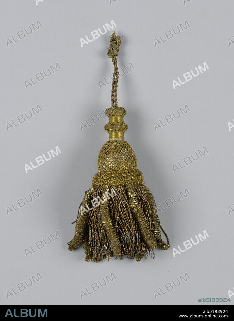 Tassel, Medium: wood core, metallic thread, Tassel with a turned wooden core covered with gilt thread in braided, looped and ring designs with skirt of twisted gilt threads. Cord of twisted strands runs through core and forms loop at top. Probably intended for ecclesiastical use., Italy, 19th century, trimmings, Tassel.