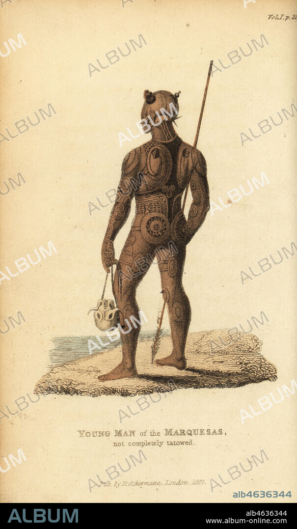 Native of Nuku Hiva with spear and skull. Young man of the Marquesas Islands not completely tattooed. Handcoloured stipple engraving from Frederic Shoberl's The World in Miniature, The South Sea Islands, Ackermann, 1824. After an illustration by Wilhelm Tilesius from Adam Krusenstern's Voyage, 1813.