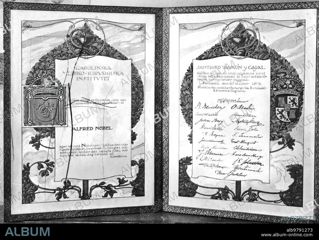 Diploma of the Nobel Prize in Medicine Awarded in 1906 to Ramón y Cajal.