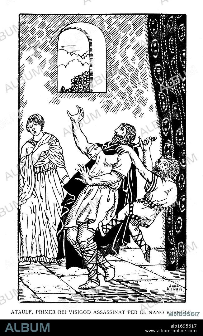 Asesinato de Ataúlfo, primer rey visigodo, por el enano Vernulf. Historia popular de Catalunya, de Alfons Roure. Editada en Barcelona, 1919. Dibujo de Joan Vila i Pujol (Joan d'Ivori) (Barcelona, 1890-1947).