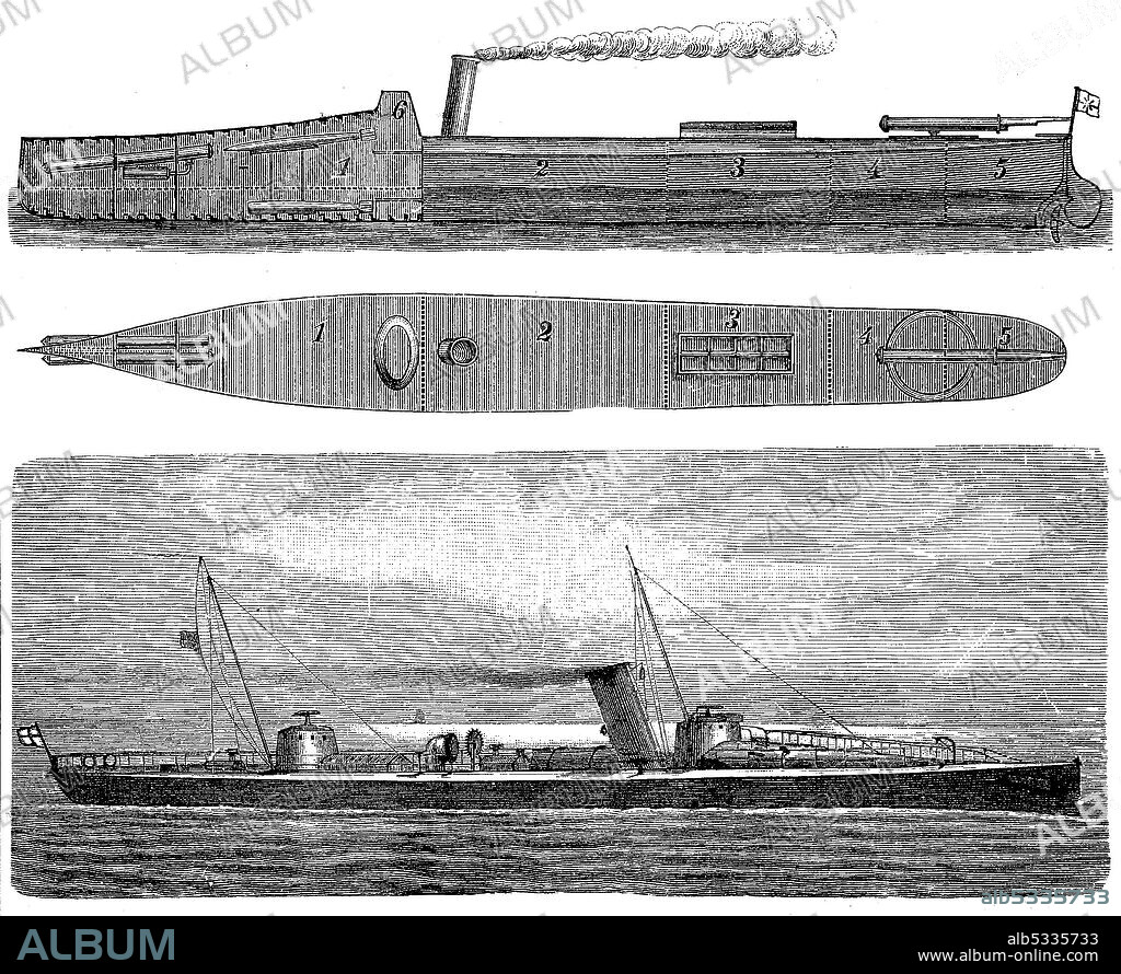 Torpedo boat, ca 1880, Navy  /  Torpedoboot, ca 1880, Kriegsmarine, Historisch, historical, digital improved reproduction of an original from the 19th century / digitale Reproduktion einer Originalvorlage aus dem 19. Jahrhundert,.