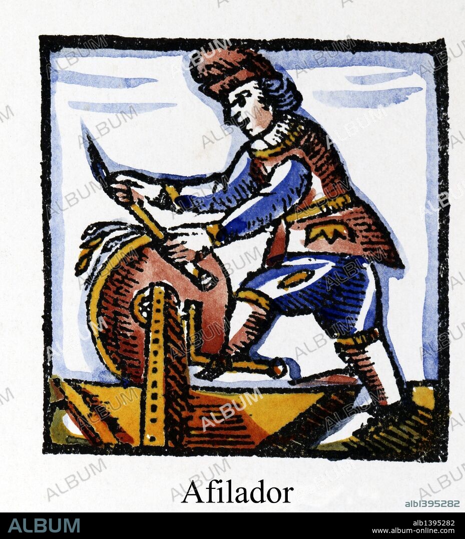 Artes y Oficios de Barcelona desde la Edad Media. Grabado al Boj del siglo XVIII. Afilador afilando un cuchillo en la piedra de agua.