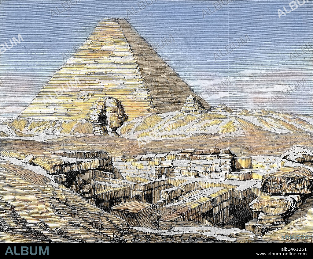 Egypt. Pyramids and Sphinx. Colored engraving, 1879.