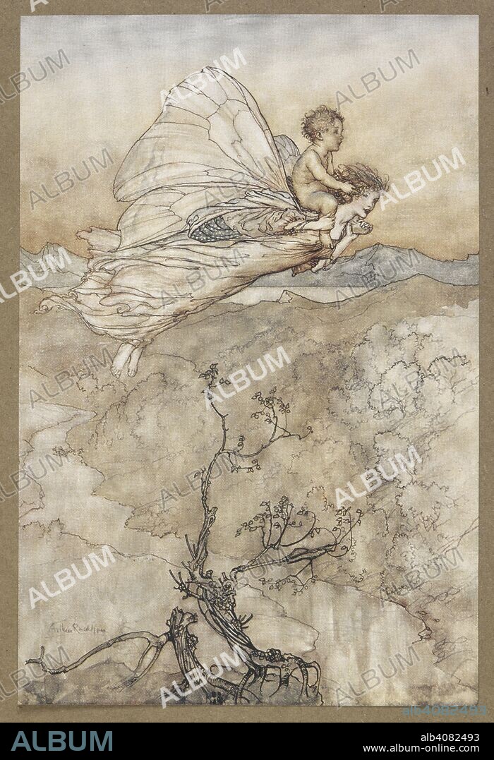 WILLIAM SHAKESPEARE. ... And her fairy sent to bear him to my bower in fairy land.'  The Fairy Flew Off with the Changling. A scene from 'A Midsummer Night's Dream. A Midsummer Night's Dream ... With illustrations by Arthur Rackham. London : William Heinemann, 1908. Source: Cup.410.bb.55, facing page 96.
