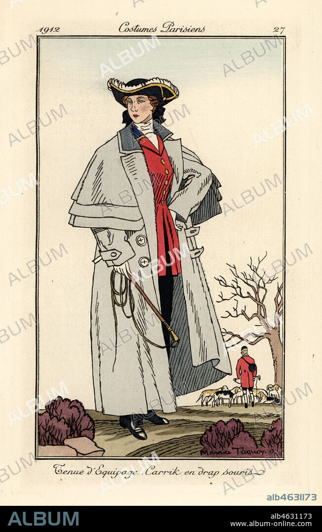Woman in hunting outfit and mouse-grey carrick coat holding a whip. Tenue dequipage, carrik en drap souris. Handcoloured pochoir (stencil) etching after an illustration by Maurice Taquoy from Tommaso Antonginis Journal des Dames et des Modes, Aux Bureaux du Journal des Dames, Paris, 1912.
