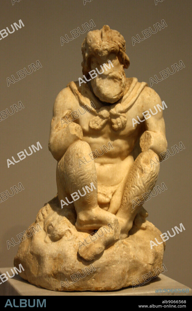 Statuette of Pan. Pentelic marble. Found in the Olympieion, Athens. The goat-footed god sits cross-legged on a rock covered with animal pelt. He will have held the pan-pipe in his hands. Work carved in the 2nd century BC copying an earlier original, probably of the 4th century BC.