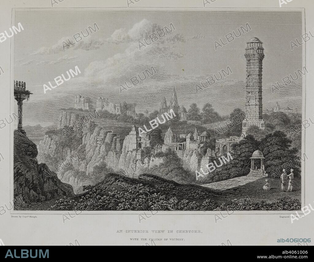 JAMES TOD. An interior view in Cheetore; with the column of victory. Annals and antiquities of Rajast'han, or the central and western Rajpoot states of India. London : Smith, Elder : Calkin and Budd, 1829-1832. Source: W 421 vol.1, opposite 328. Language: English.