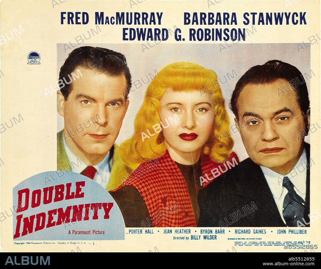 BARBARA STANWYCK y FRED MACMURRAY en PERDICIÓN, 1944 (DOUBLE INDEMNITY), dirigida por BILLY WILDER. Copyright PARAMOUNT PICTURES.