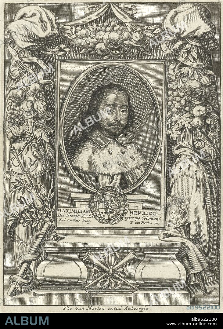 Portrait of Maximilian Henry of Bavaria, Frederick Bouttats (I), 1650 - 1676, Maximilian Henry of Bavaria, Archbishop of Cologne, in ermine robe. Bust to right in oval, framed by a garland of fruit. The print has a Latin caption with the name of the person portrayed., print maker: Frederik Bouttats (I), (mentioned on object), publisher: Theodor van Merlen (II), (mentioned on object), Antwerp, 1650 - 1676, paper, engraving, h 165 mm × w 117 mm × h 88 mm × w 57 mm.