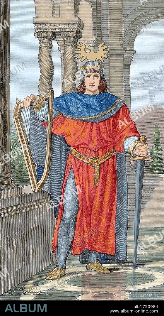 FEDERICO II HOHENSTAUFEN (Iesi, 1194-Castillo de Fiorentino, 1250). Rey de Sicilia (1197-1250), emperador y rey de Germania (1220-1250). Fue rey titular de Jerusalén (1227). Dirigió la sexta Cruzada y tomó Jerusalén. Célebre por su talento y erudición. Protegió la literatura y la ciencia. Grabado por A. Weyden. Coloreado.
