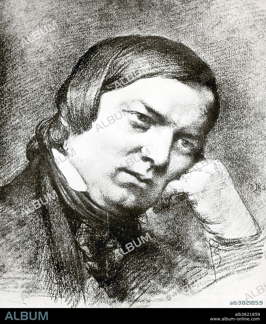 Robert Schumann (June 8, 1810 - July 29, 1856) was a German composer and influential music critic. He is widely regarded as one of the greatest composers of the Romantic era. He left the study of law, intending to pursue a career as a virtuoso pianist, but a hand injury ended this dream. He then focused his musical energies on composing. His published compositions were written exclusively for the piano until 1840; he later composed works for piano and orchestra; many Lieder (songs for voice and piano); four symphonies; an opera; and other orchestral, choral, and chamber works. Schumann suffered from a lifelong mental disorder, first manifesting itself in 1833 as a severe melancholic depressive episode, which recurred several times alternating with phases of 'exaltation' and increasingly also delusional ideas of being poisoned or threatened with metallic items. After a suicide attempt in 1854, Schumann was admitted to a mental asylum, at his own request. Diagnosed with "psychotic melancholia", he died two years later in 1856, at the age of 46, without having recovered from his mental illness. Drawing by Eduard Bendemann, 1859.