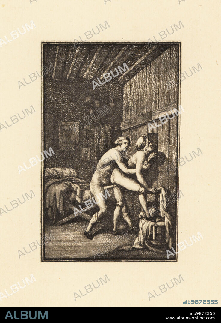 A naked man taking a maid in bonnet and silk stockings from behind in a bedroom, 18th century. Copperplate engraving heliogravure by Francois Rolland Elluin after Antoine Borel from Jean-Charles Gervaise de Latouches Memoiren des Saturnin, von ihm selbst Niedergeschreiben, Privatdruck, Liepzig, 1911. Also known as Le Portier des Chartreux, it was one of several erotic novels written by Latouche, 1715-1782, a lawyer at the Paris Parliament.
