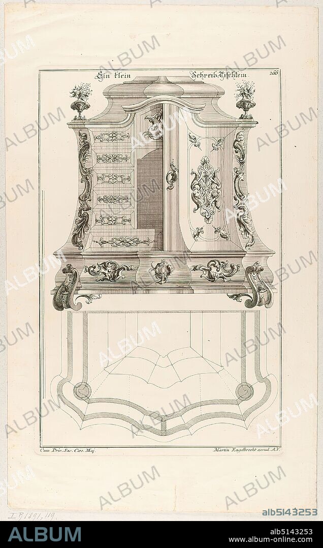 Martin Engelbrecht, Johann Rumpp, ground plan and elevation of a desk, copperplate engraving, sheet size: height: 30.1 cm; width: 24 cm, signed, inscribed and numbered on the plate A small writing table, Cum Priv. Sac. Caes. Maj, Martin Engelbrecht excud. A.V, 166, prints, foliage and ribbon work, table, rococo, sheet 166 from the series Various new very useful carpenters or joiners cracks Inventirt u drawn by Johannes Rumpp Burger and Silberkistler in Augsburg, published by M. Engelbrecht, Verlagsnummer 34.
