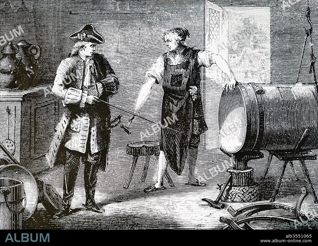 Artist's impression of Claude-Francois-Dorothee, marquis de Jouffroy d'Abbans supervising the manufacture of the cylinder for his steam engine. Claude-Francois-Dorothee, marquis de Jouffroy d'Abbans (1751-1832) who is claimed to be the first inventor of the steamboat. Dated 19th century.