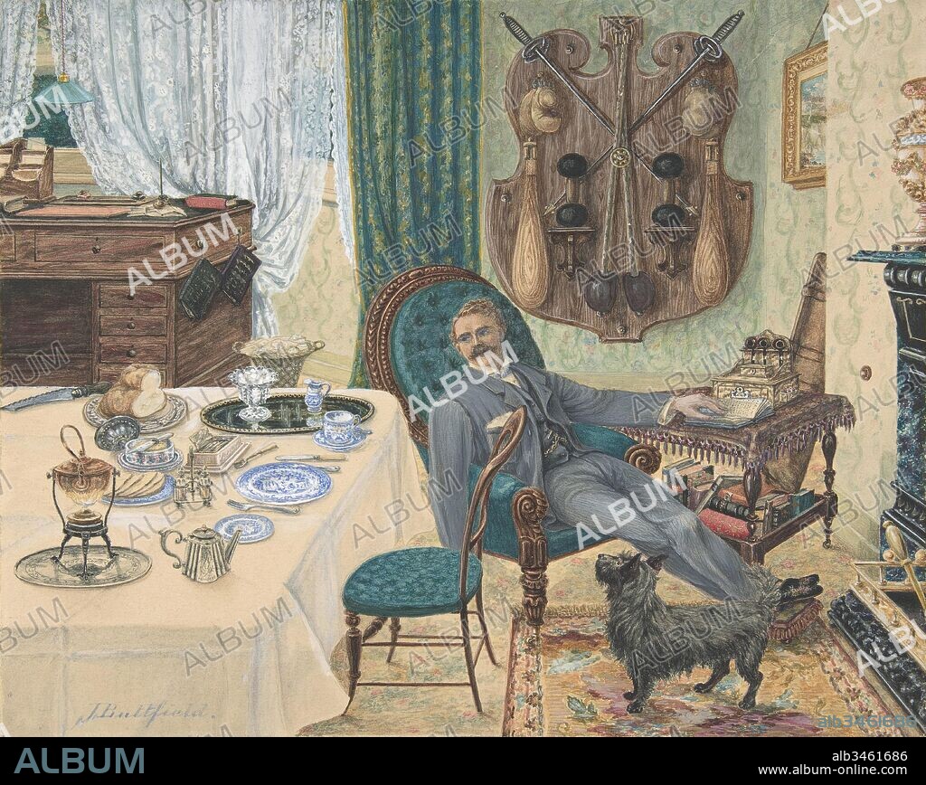 A Bachelor in His Study (The Sportsman's Breakfast), late 19th century, Watercolor, sheet: 9 3/4 x 12 3/16 in. (24.8 x 30.9 cm), Drawings, J. Buttfield (British, active late 19th century), A gentleman dressed in a suit and slippers, relaxes in an armchair by the fire in a room decorated with paintings and athletic equipment. He looks towards a meal laid out on a table as a terrier stands expectantly at his feet.