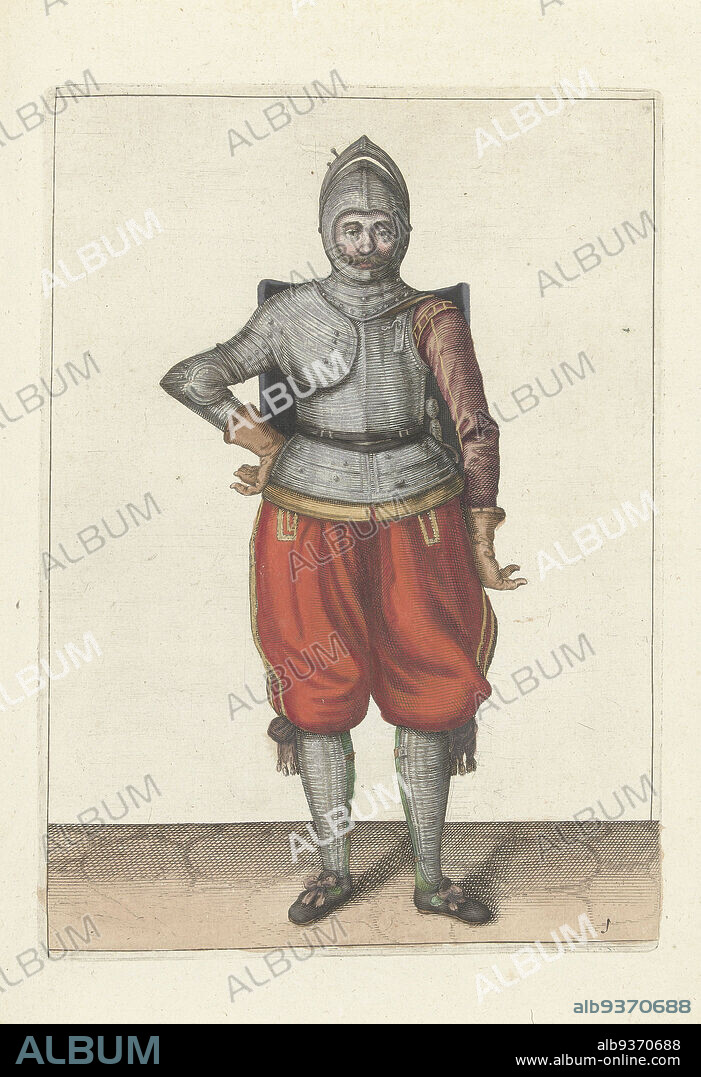 The exercise with the targe and rapier: the soldier at rest with the targe on his back (no. 1), 1618, The exercise with shield and spear: five soldiers standing side by side in line with the spear in the right hand resting on the ground and the shield in front of the chest, 1618. Part of the illustrations in: Adam van Breen, Nassauische Waffenhandelung, Kurtzer Bericht unnd Ahnzeigungh auff die Ab-bildungh der Figuren, den rechten brauch alles des jenigen betreffend, so einem Soldaten von nöten, in der handlung der Targa, met dem Degen, 1618, plate no. 1. Martial arts circa 1600., Adam van Breen, print maker: anonymous, Northern Netherlands, 1616 - 1618, paper, engraving, height 255 mm × width 187 mm.