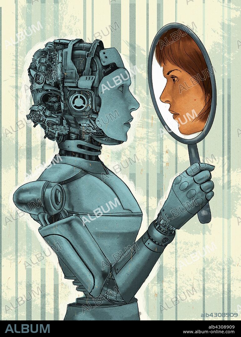 Female robot holding mirror with face of woman reflection.
