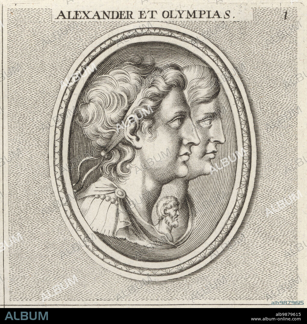 Alexander the Great and his mother Olympias. Alexander III of Macedon, king of the ancient Greek kingdom of Macedon, 356-323 BC. Olympias, Greek princess of the Molossians, c.375-316 BC. Alexander et Olympias. Copperplate engraving after an illustration by Joachim von Sandrart from his LAcademia Todesca, della Architectura, Scultura & Pittura, oder Teutsche Academie, der Edlen Bau- Bild- und Mahlerey-Kunste, German Academy of Architecture, Sculpture and Painting, Jacob von Sandrart, Nuremberg, 1675.