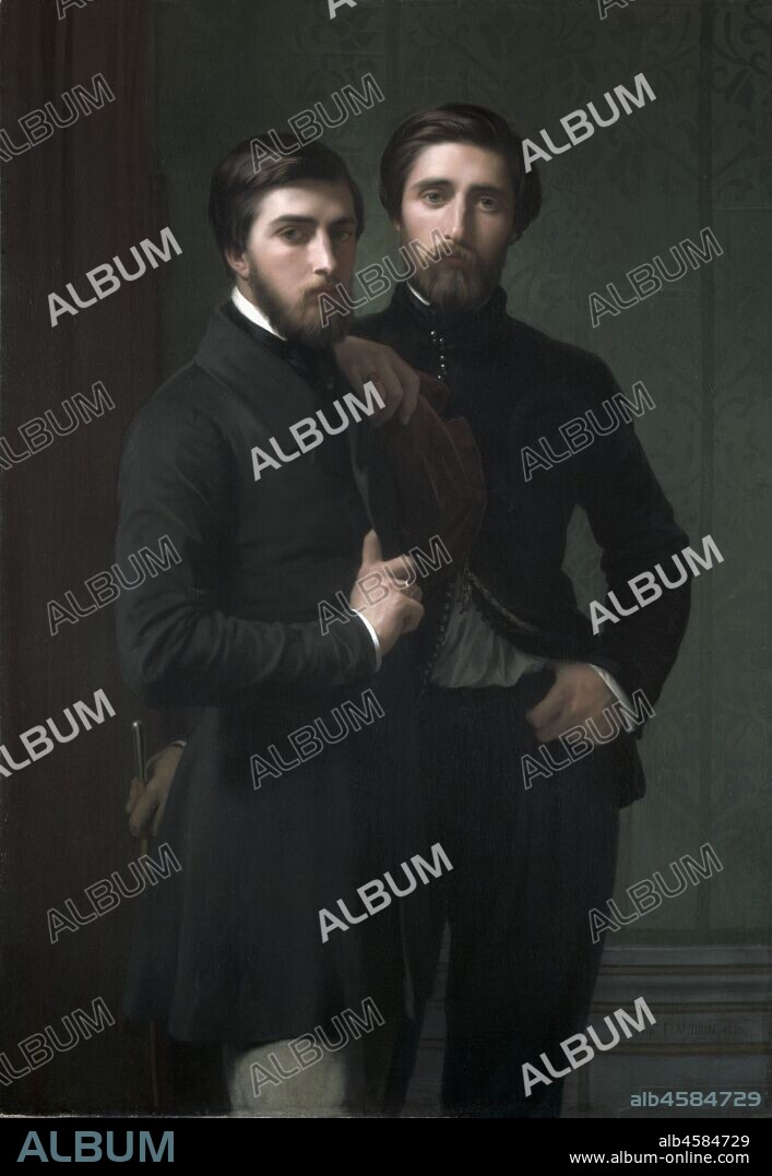 René-Charles Dassy and His Brother Jean-Baptiste-Claude-Amédé Dassy, 1850. This double portrait depicts two brothers dressed in the height of fashion for the 1850s, clearly asserting their social status. Jean-Baptiste (left, age 23) carries gloves and a walking stick. René-Charles (right, age 25) wears an embroidered black velvet suit in the exotic à la Grec mode inspired by the Greek war of independence (1821-32). Flandrin represents the figures in an academic style emphasizing line over colour, reflecting his training as a pupil of J. A. D. Ingres.