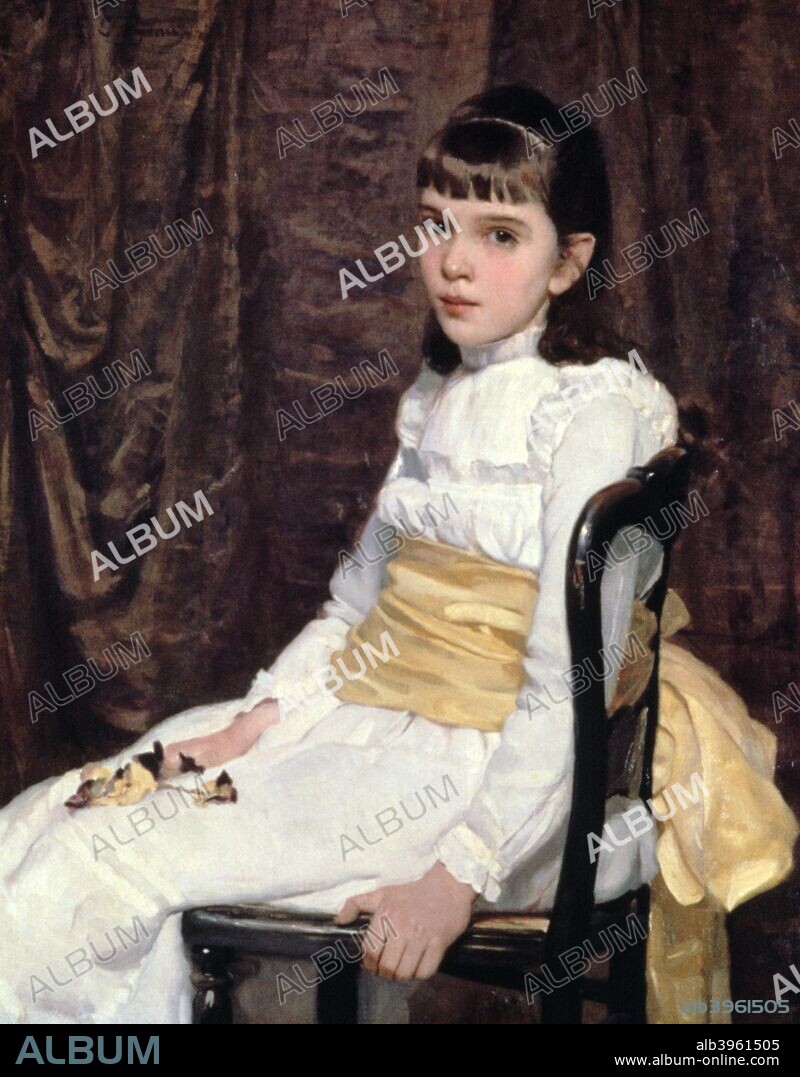 'A Little Girl', 1887. Cecilia Beaux (1855-1942) American society portraitist, in the nature of John Singer Sargent. Her portraits often have an underlying sense of psychological disquiet compounded by the unusual placement of figures in relation to each other.