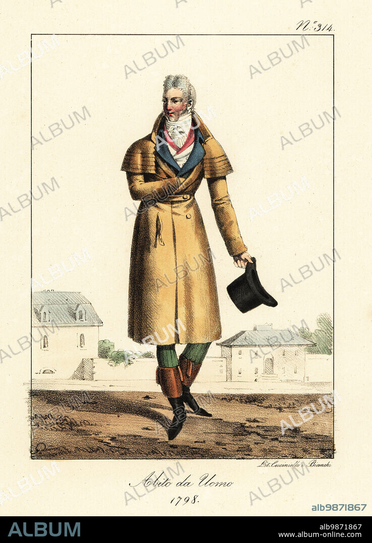 Fashionable man or Incroyable Directoire era 1798. In coachman s coat with five capes high collar cravat gilet hose calf length boots with top hat. Costume d homme Album alb9871867