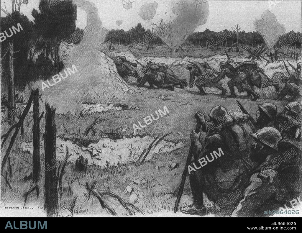 GEORGES LEROUX. 'La Bataille de la Somme; La releve sous les Obus: Une a une, les sections gagnent le boyau qui conduit a la position', 1916. From "Collection de la Guerre IV. L'Illustration Tome CXLVIII. La Guerre Juillet, Aout, Septembre, Octobre, Novembre, Decembre 1916".