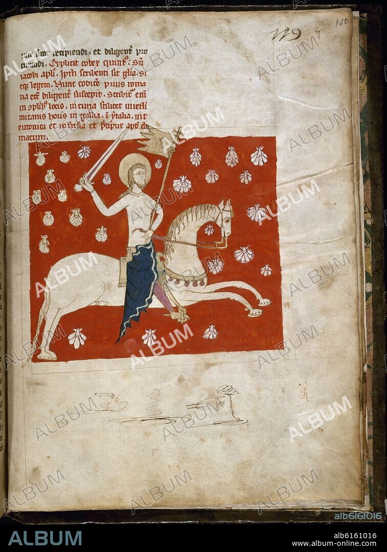 COPIA DEL CODICE CALIXTINO REALIZADA EN EL SIGLO XIV - FOL 120 - SANTIAGO A CABALLO - EPOCA DEL ARZOBISPO DON BERENGUEL DE LANDORIA.