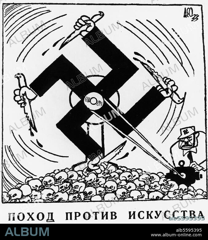 Hitler, Adolf; Politiker (NSDAP). 1889-1945. "Die Fleischhackmaschine ist in Betrieb gesetzt!". (Karikatur auf die Machtergreifung der Nationalsozialisten 1933). Aus: Leningradskaja Prawda, Leningrad, 17. März 1933.
