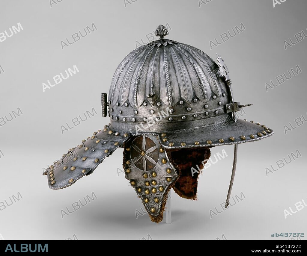 Zischägge (Helmet). Flemish. Date: 1610-1640. Dimensions: H. 31.75 cm (12 1/2 in.)
Wt. 6 lb. 10 oz. Steel, brass, leather, and silk. Origin: Flanders.