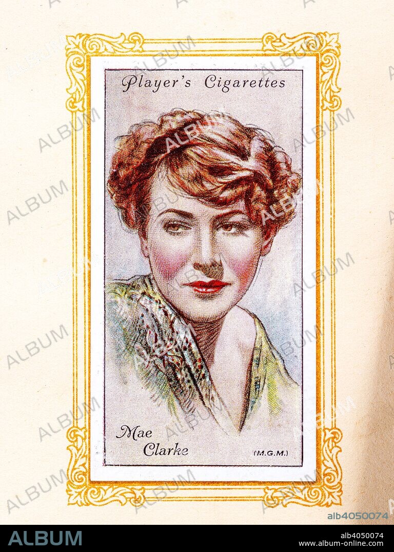 Mae Clark, 1934. Mae Clarke born Violet Mary Klotz (August 16, 1910 - April 29, 1992) was an American actress. She is best remembered for playing Dr. Henry Frankenstein's bride Elizabeth Lavenza. From An Album of Film Stars; Second Series issued by John Player & Sons. [Imperial Tobacco & Co Ltd, 1934].