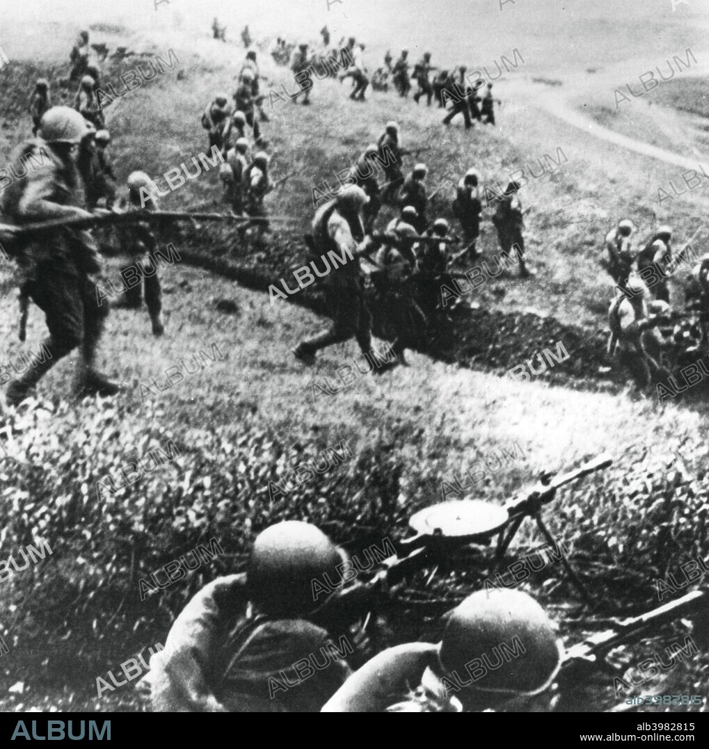Russian troops on the counter-attack, Mozdok region, northern Caucasus, September 1942. The German campaign to capture of the Azerbaijani oilfields was halted by the Red Army in the Caucasus in September 1942. From January 1943 a series of Soviet offensives pushed the Germans back north and westwards.