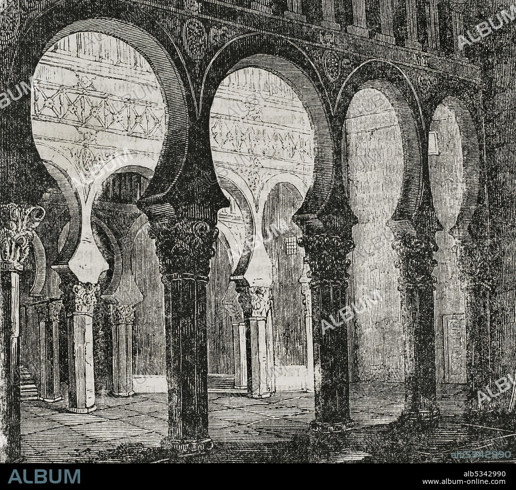 Spain. Toledo. Synagogue of Saint Mary the White. Erected in 1180 in Mudejar style. Interior view. Engraving. Historia General de España by Father Mariana. Madrid, 1852.