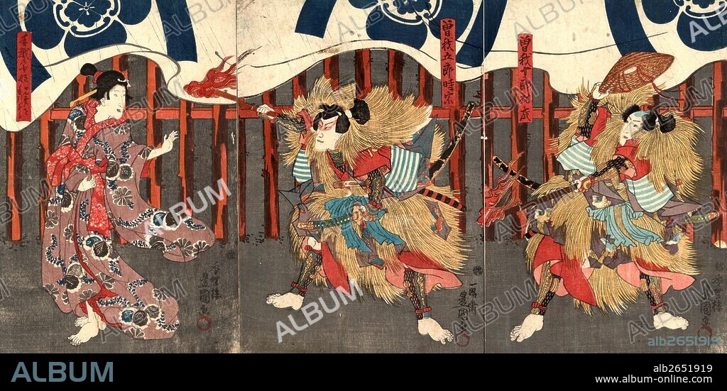 Sogano juro sukenari soga no goro tokimune tegoshi no sukuna, Actors in the roles of Soga no Juro Sukenari, Soga no Goro Tokimune, and Tegoshi no Tsukuna., Utagawa, Toyokuni, 1786-1865, artist, [between 1844 and 1848], 1 print (3 sheets) : woodcut, color ; 36.7 x 24.3 cm (left panel), 36.6 x 24.5 cm (center panel), 36.6 x 24.6 cm (right panel), Print shows a scene from a Soga play, with the Soga brothers and a woman.