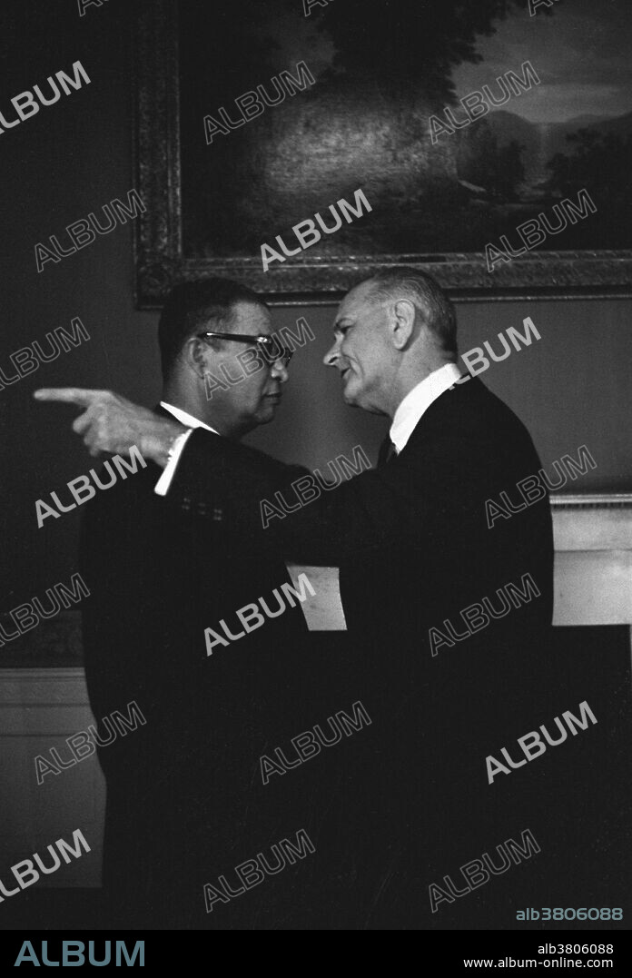 President Johnson and Louis Martin at the reception for Democratic National Committee Delegates. Red Room, White House, Washington, DC. LBJ's ability to convince others to see things his way, vote for his legislation, serve at his command, and do what he needed them to do is so legendary that there is even a familiar description of his tactics, "the Johnson Treatment". He often used his imposing physical presence (6'4") to grab lapels, jab fingers in chests, wrap his arms on his target, and literally lean on others in order to get what he needed. The Johnson Treatment wasn't always a physical onslaught. He had an innate, often stunning ability to read the personalities of others and immediately understand exactly how to ingratiate himself with them. Louis Emanuel Martin, Jr. (November 18, 1912 - January 6, 1997) was a renowned American journalist, newspaper publisher, civil rights activist and advisor to three Presidents of the United States. Through his pioneering political activism during the civil rights era, he came to be known as the "Godfather of Black Politics." Photographed by Yoichi Okamoto, April 20, 1966.