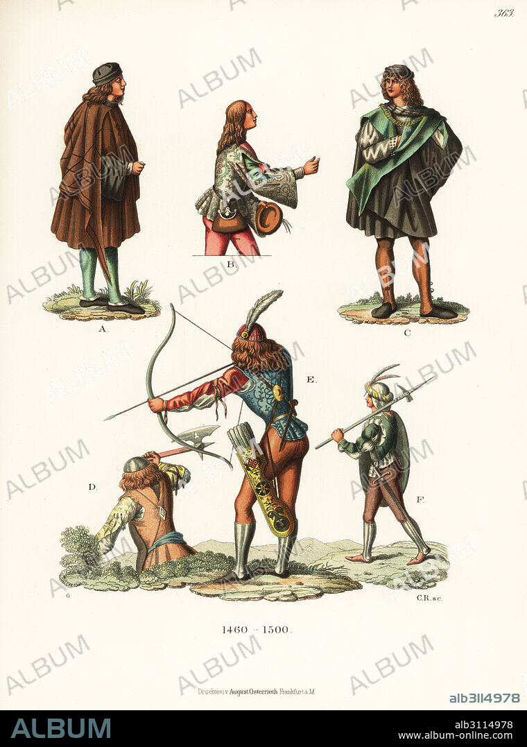 Italian male fashion, late 15th century. Costume of Italian noblemen A-C, and costume of Italian soldiers, archer, pikeman and axe man in small metal helmet. Chromolithograph from Hefner-Alteneck's Costumes, Artworks and Appliances from the Middle Ages to the 17th Century, Frankfurt, 1889. Illustration by Dr. Jakob Heinrich von Hefner-Alteneck, lithographed by C. Regnier. Dr. Hefner-Alteneck (1811 - 1903) was a German museum curator, archaeologist, art historian, illustrator and etcher.