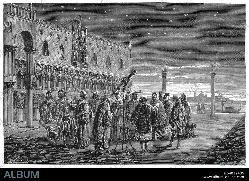 Galileo demonstrating his telescope, Venice, 1609 (1870). In this artist's reconstruction Galileo Galilei (1564-1642), Italian astronomer, mathematician and physicist, is showing his telescope to the Doge and the Venetian Senators. Galileo is credited with making the first effective telescope. From  Vies des Savants Illustres by Louis Figuier. (Paris, 1870).